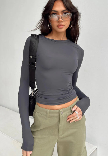 Slim Fit Women’s Long Sleeve Pullover – Solid Color Casual Top