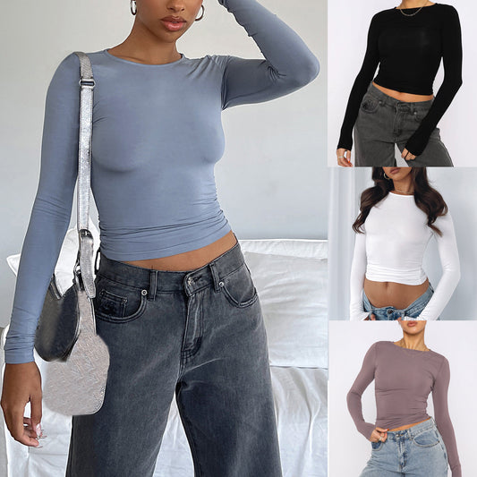 Slim Fit Women’s Long Sleeve Pullover – Solid Color Casual Top