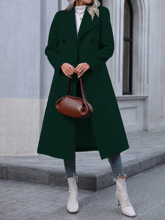 Elegant Autumn Winter Long Coat for Women – Double-Breasted Faux Wool Trench