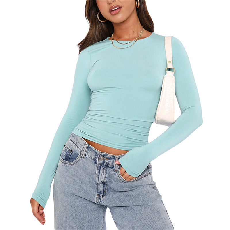 Slim Fit Women’s Long Sleeve Pullover – Solid Color Casual Top